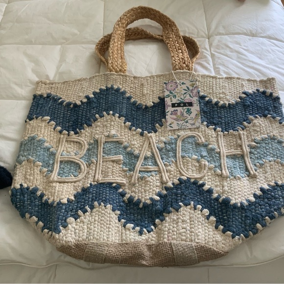 POL Handbags - POL Natural and Blue Woven 'BEACH' Tote